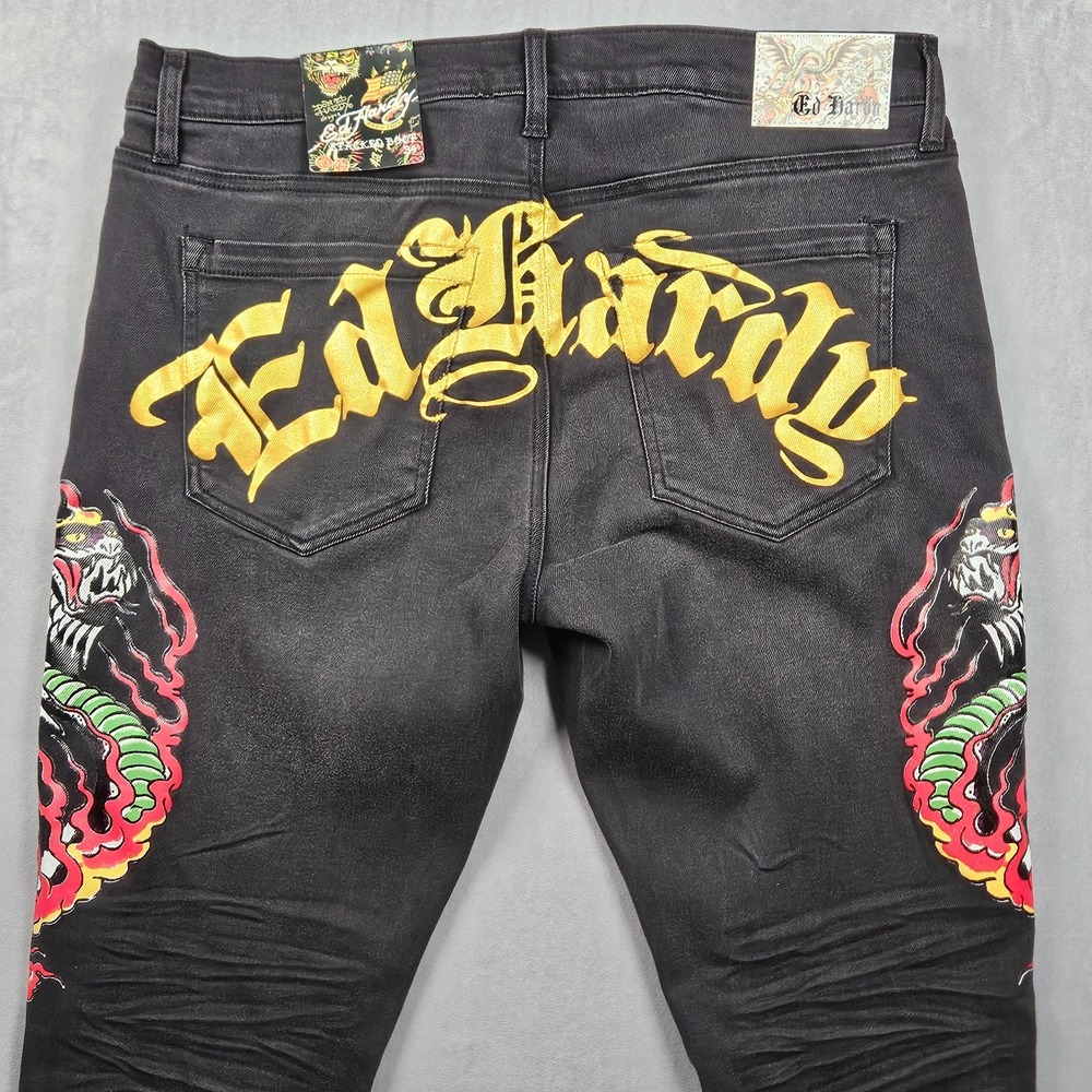 NEW Ed Hardy Stacked Boot Jeans Mens 34x38 Black Wash Denim Dragon Tattoo